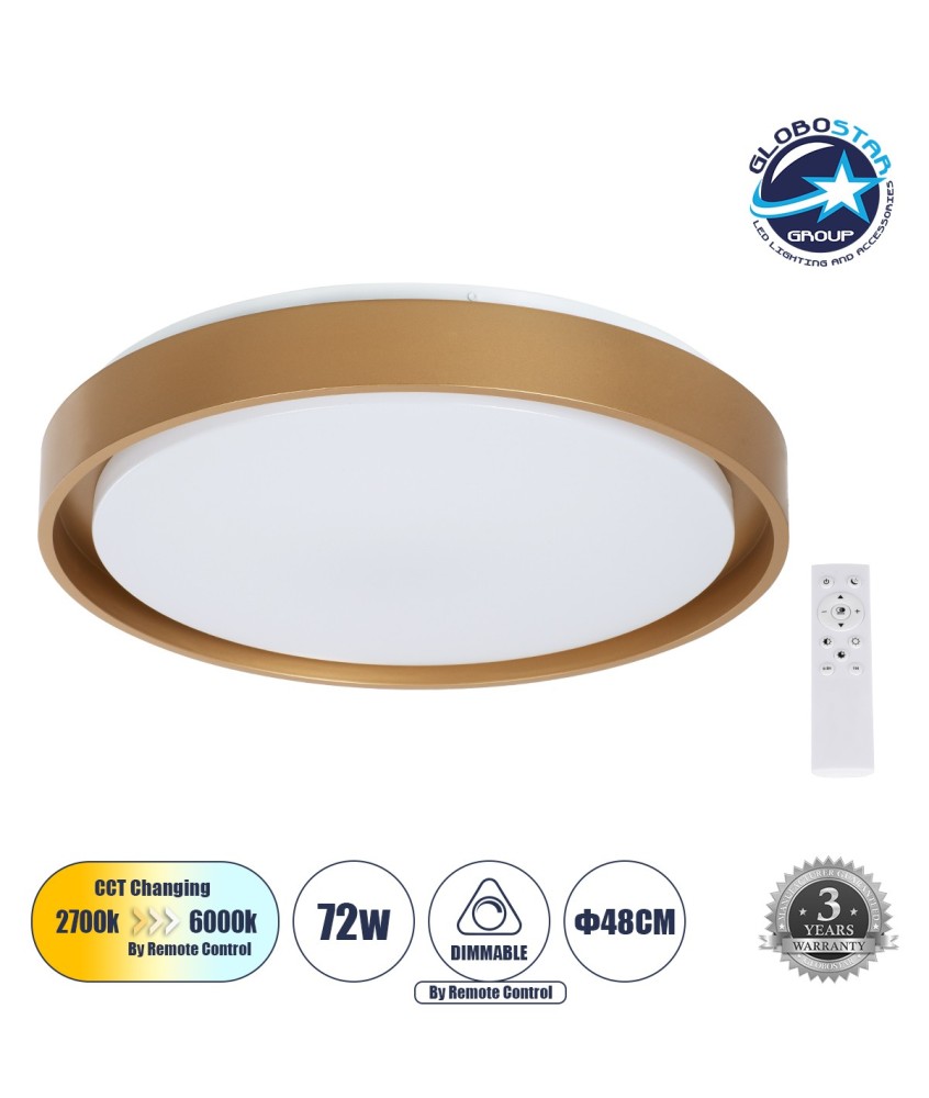 GLOBOSTAR® BARCHETTA 61399-S Μοντέρνο Φωτιστικό Οροφής LED 72W 8306lm 120° AC 220-240V IP20 Ρυθμιζόμενο Λευκό CCT με Χειριστήριο από 2700K έως 6000K Dimmable - Lumileds SMD Chip - Χρυσό - Μ48 x Π48 x Υ8.2cm - 3 Χρόνια Εγγύηση